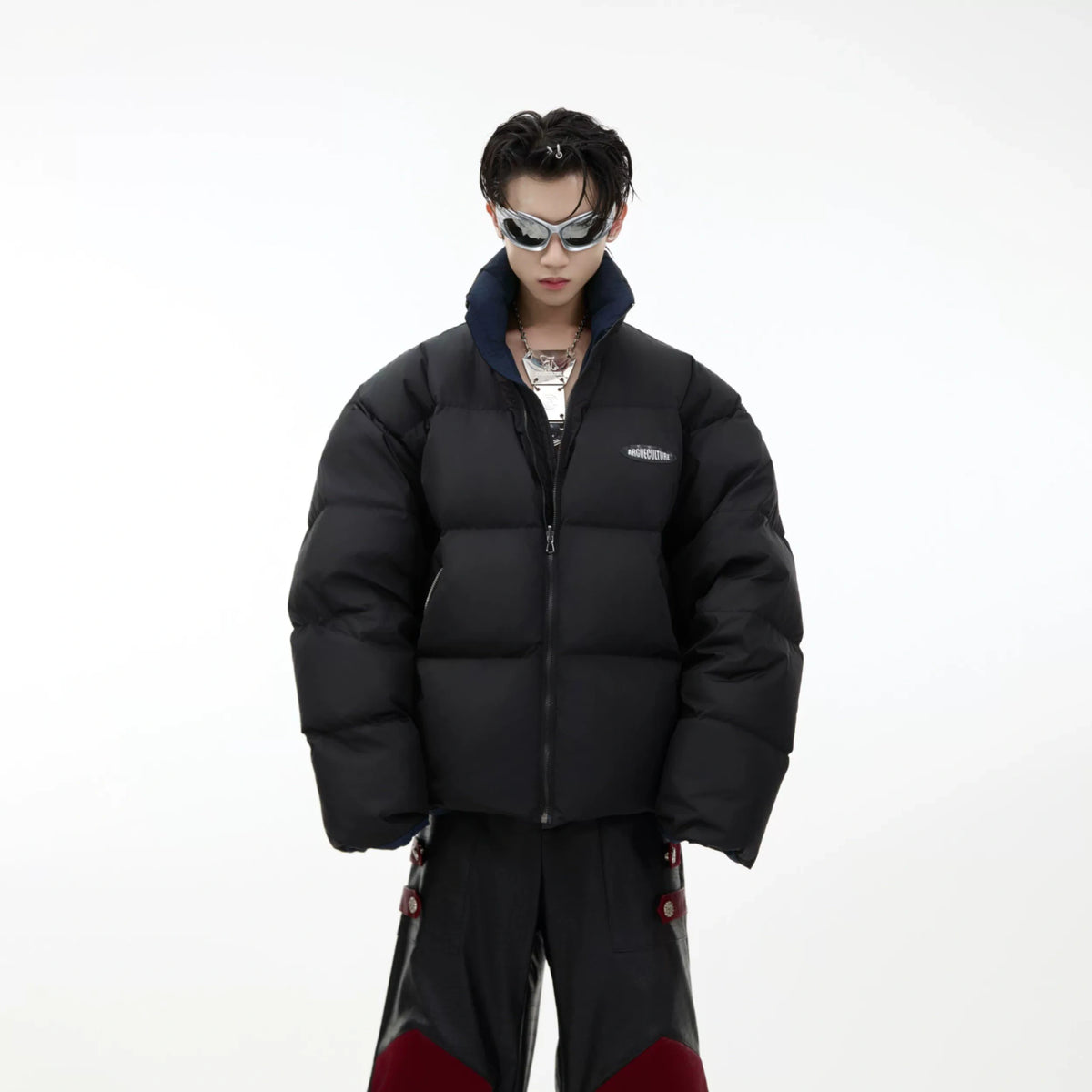 Reversible Stand-Collar White Duck Down Jacket - Black
