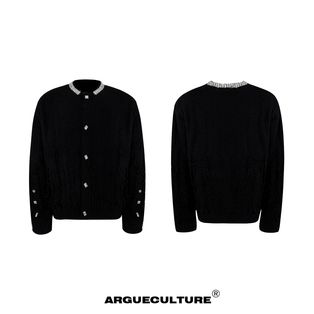 Rhinestone Distressed Knit Cardigan in Four Colors - Black Jacket