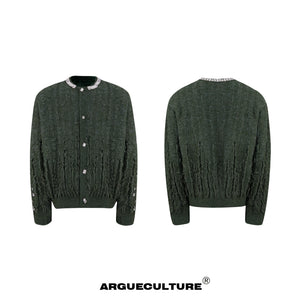 Rhinestone Distressed Knit Cardigan in Four Colors - Green Jacket