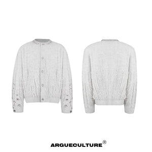 Rhinestone Distressed Knit Cardigan in Four Colors - White Jacket