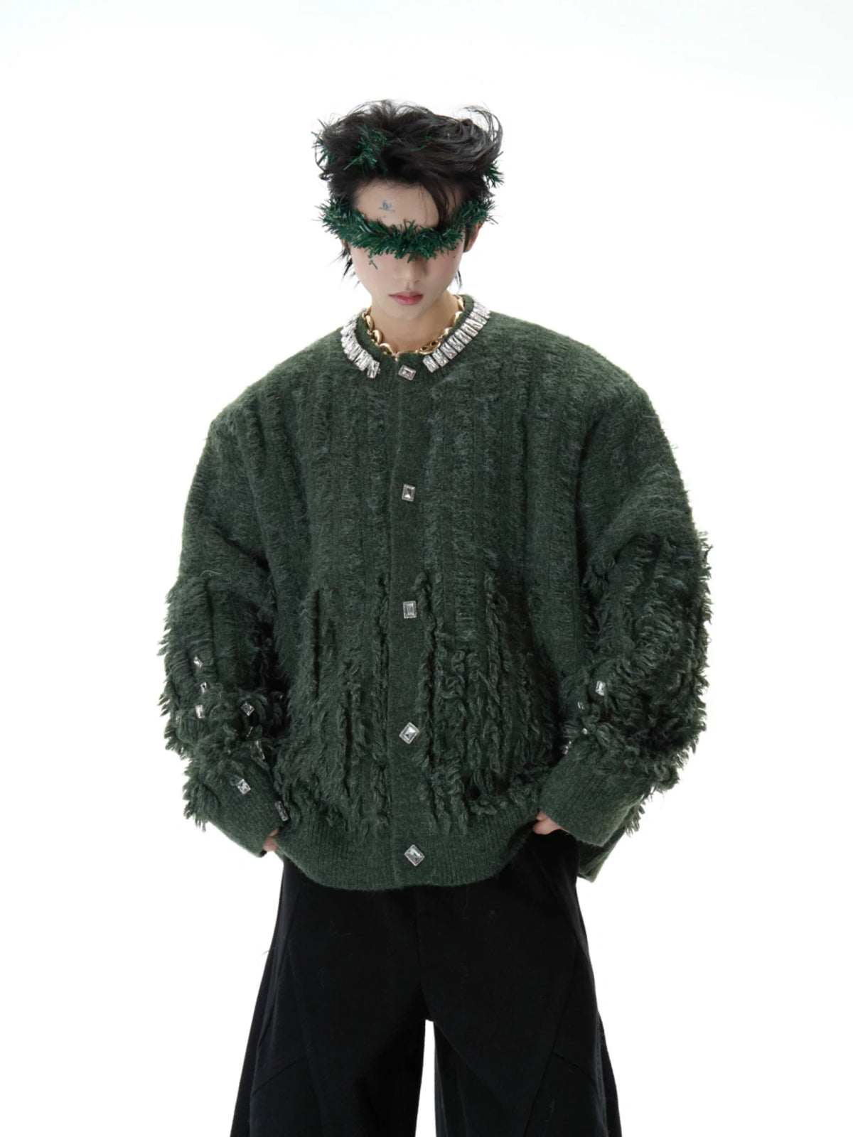 Rhinestone Distressed Knit Cardigan in Four Colors - main image 4