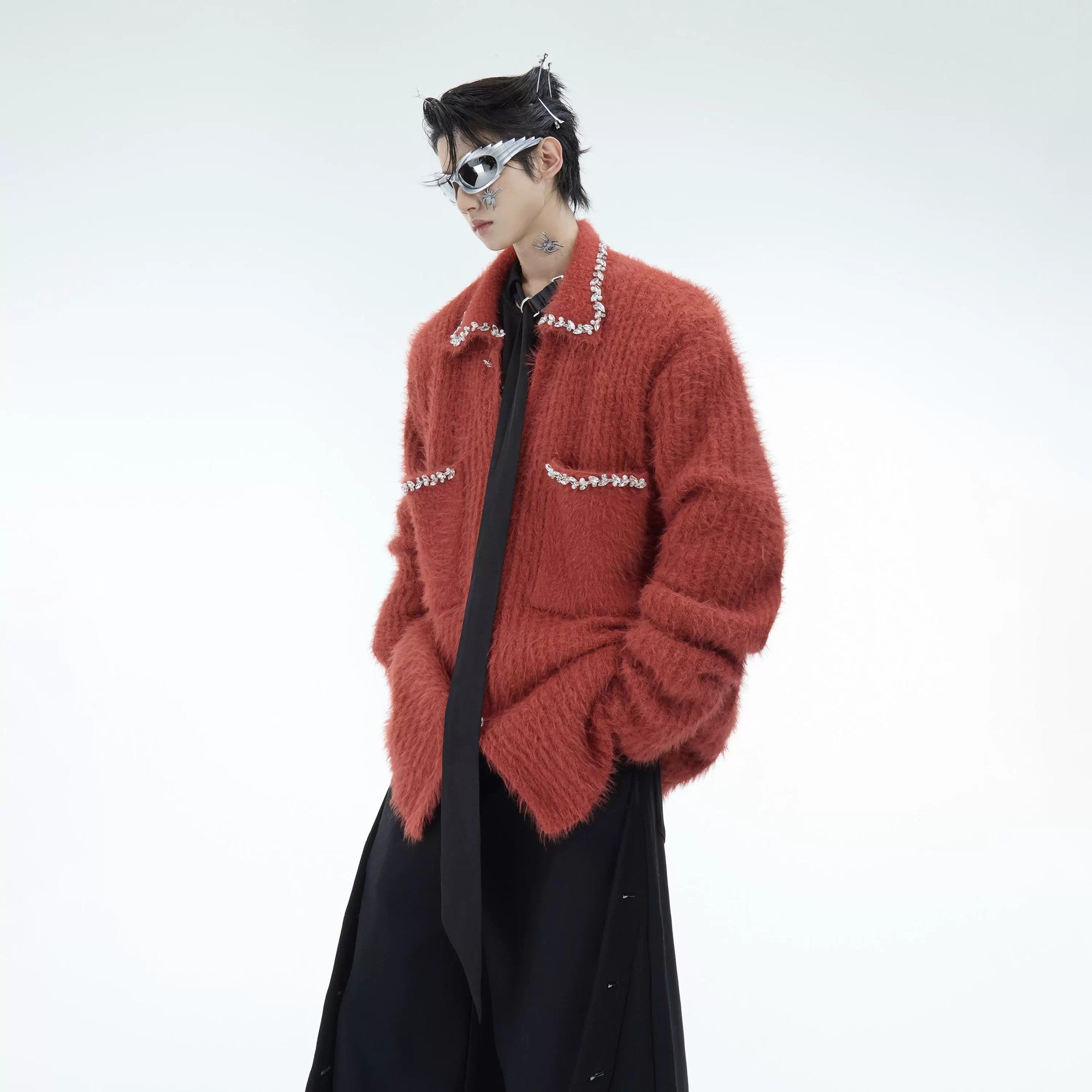 Vibrant red faux mink cardigan with a loose lazy fit for men's fashion.