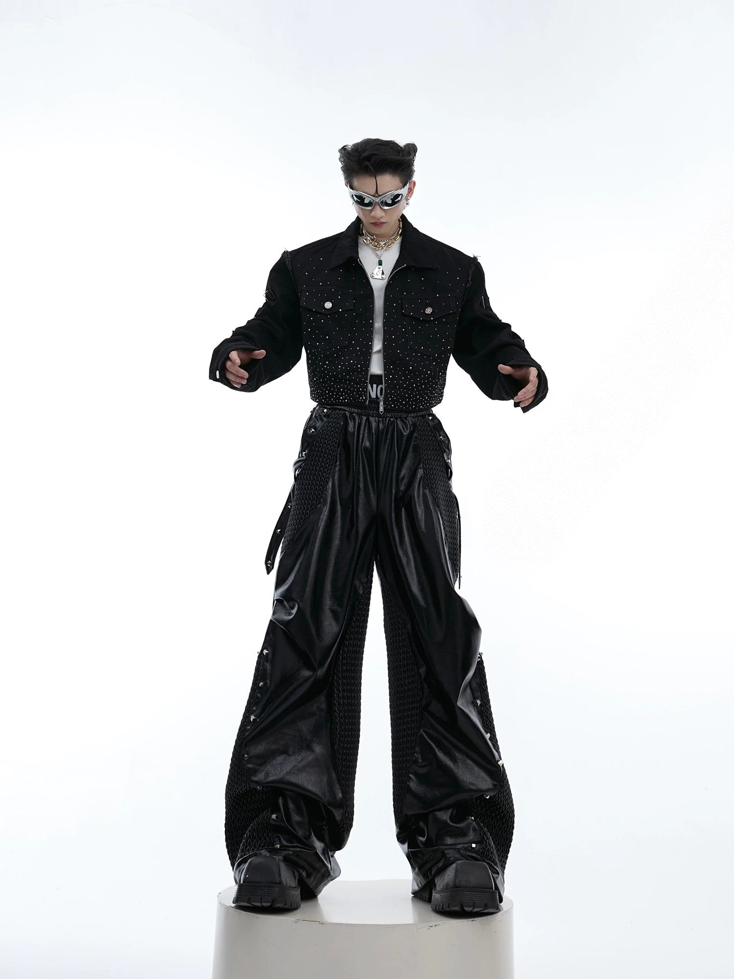 Model wearing the avant-garde rhinestone jacket in a street setting