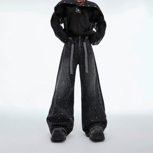 Front view of wide-leg denim jeans with rhinestone starry details