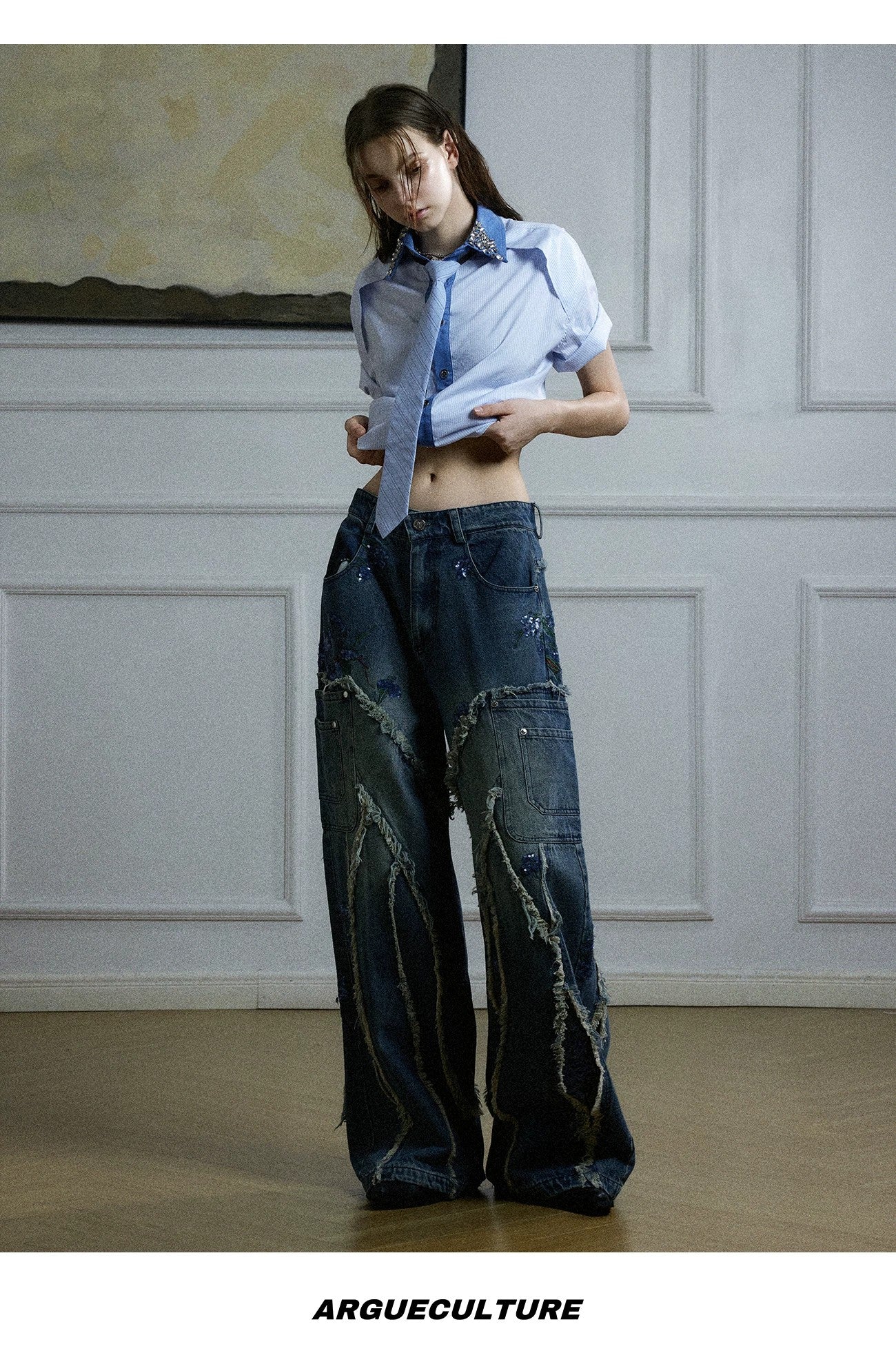 desc::rhinestone-striped-patchwork-shirt-with-detachable-tie-detail-img-15