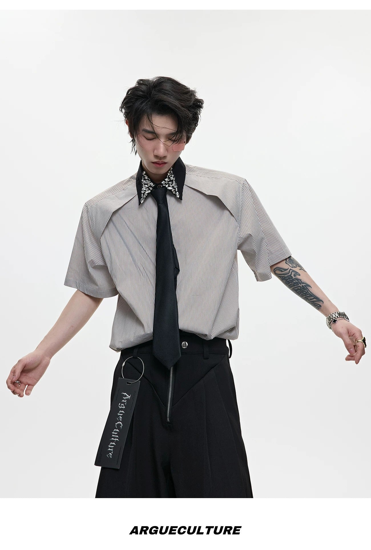 desc::rhinestone-striped-patchwork-shirt-with-detachable-tie-detail-img-8