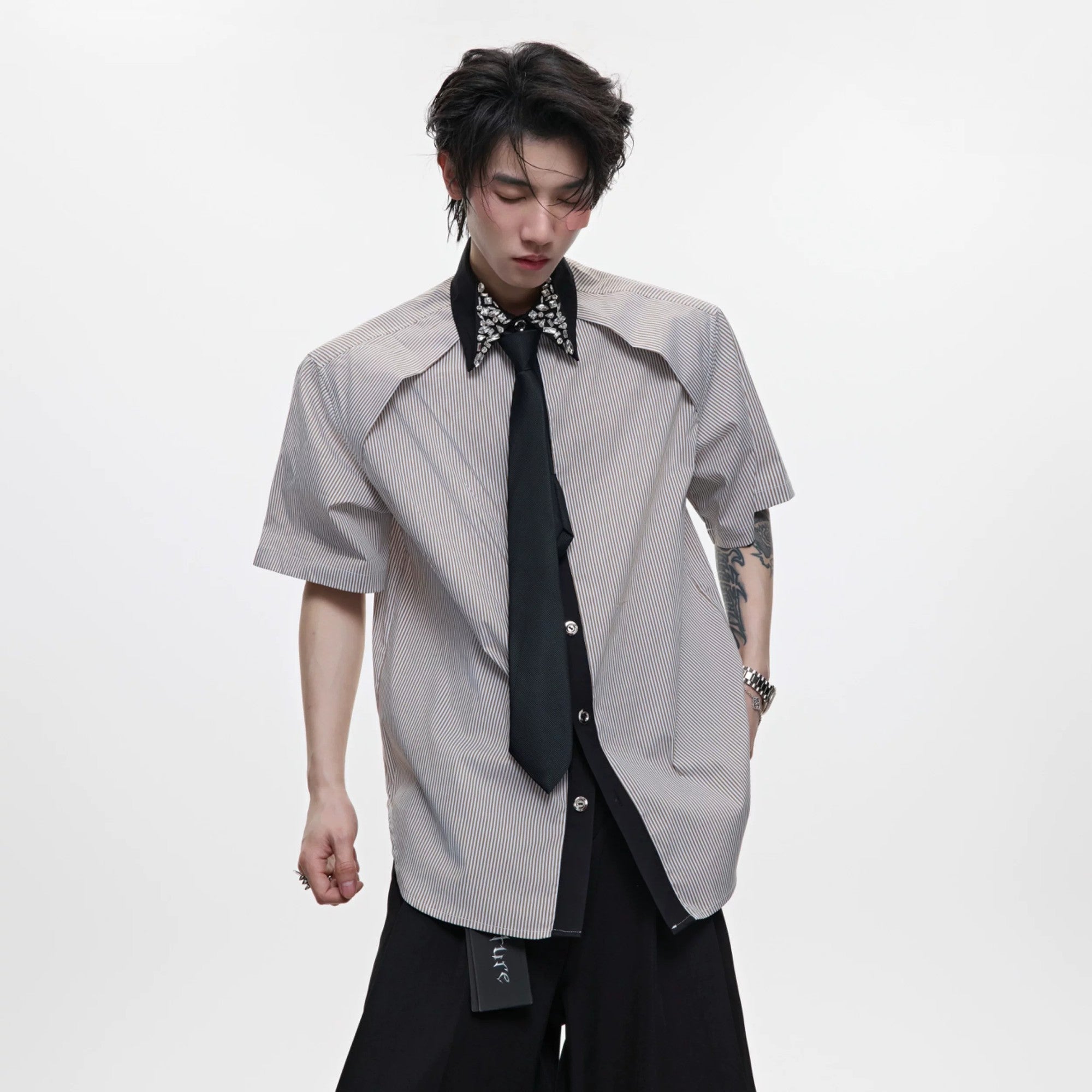 Men's oversized striped shirt with heavy rhinestone collar and detachable tie.