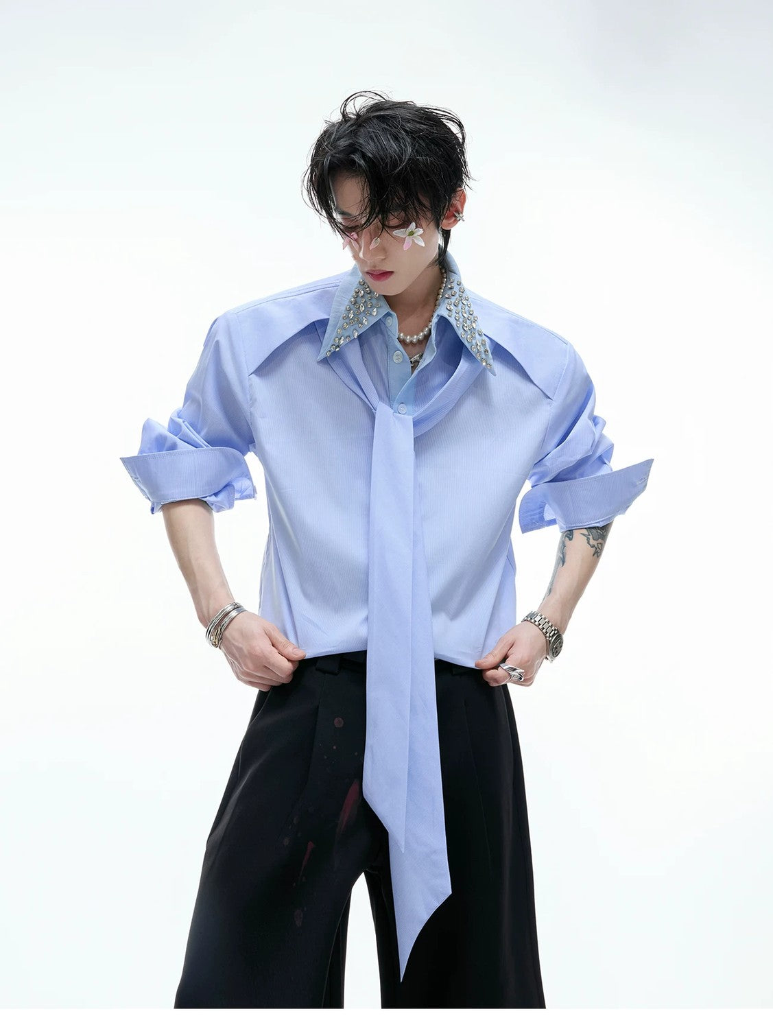 desc::rhinestone-striped-streamer-shirt-unisex-luxury-streetwear-detail-img-4