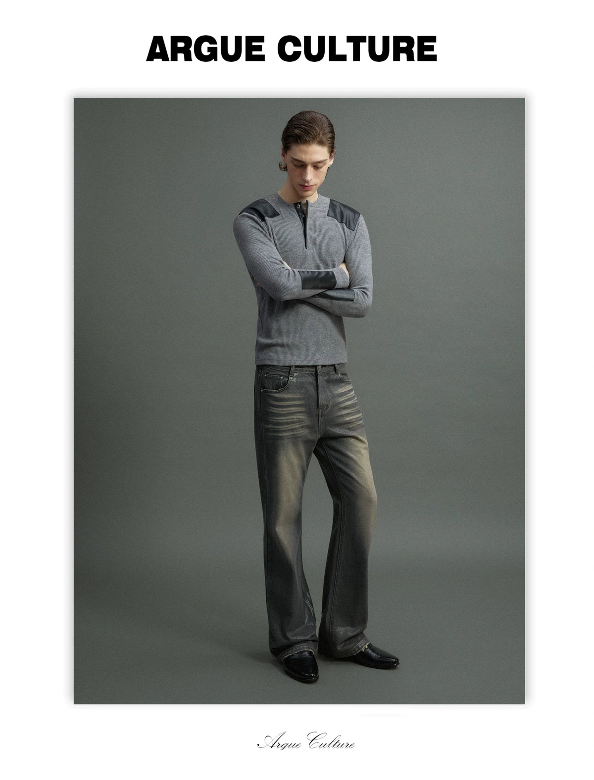 Ribbed Henley Long Sleeve Top with Leather Patches - detail image 5