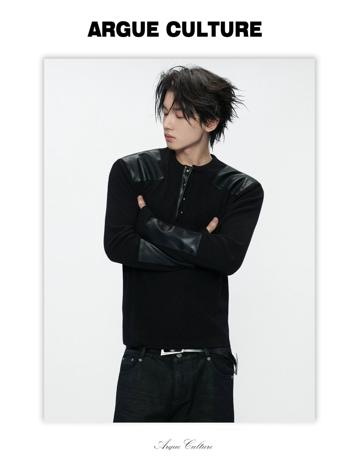 Ribbed Henley Long Sleeve Top with Leather Patches - detail image 7