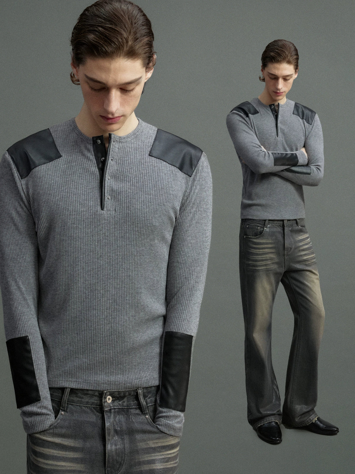 Ribbed Henley Long Sleeve Top with Leather Patches - main image 1