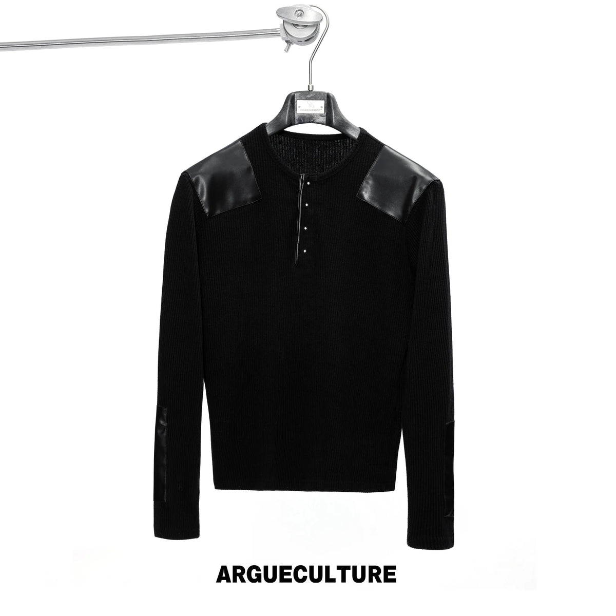 Ribbed Henley Long Sleeve Top with Leather Patches - Black