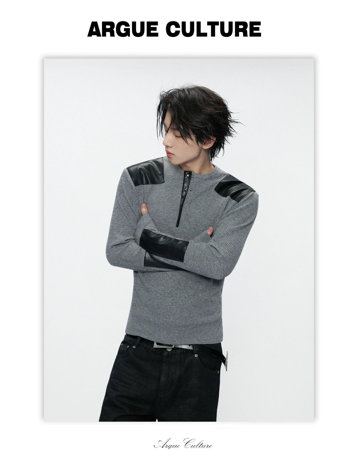 Ribbed Henley Long Sleeve Top with Leather Patches - detail image 11