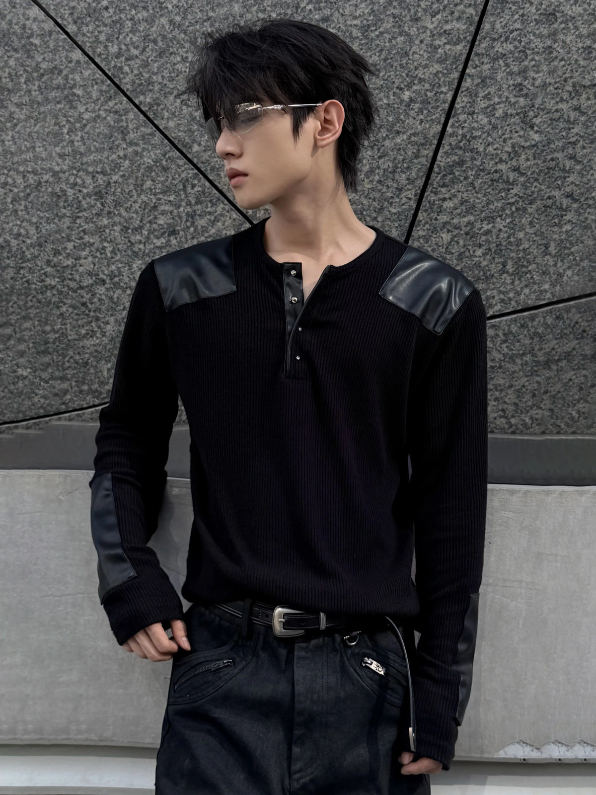 Ribbed Henley Long Sleeve Top with Leather Patches - main image 2
