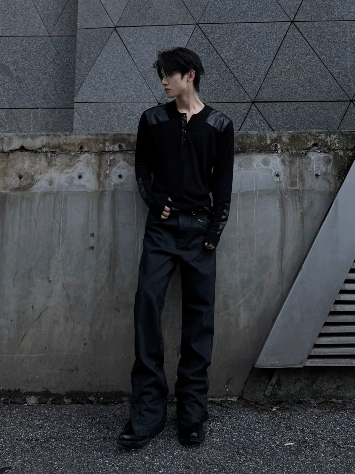 Ribbed Henley Long Sleeve Top with Leather Patches - main image 4