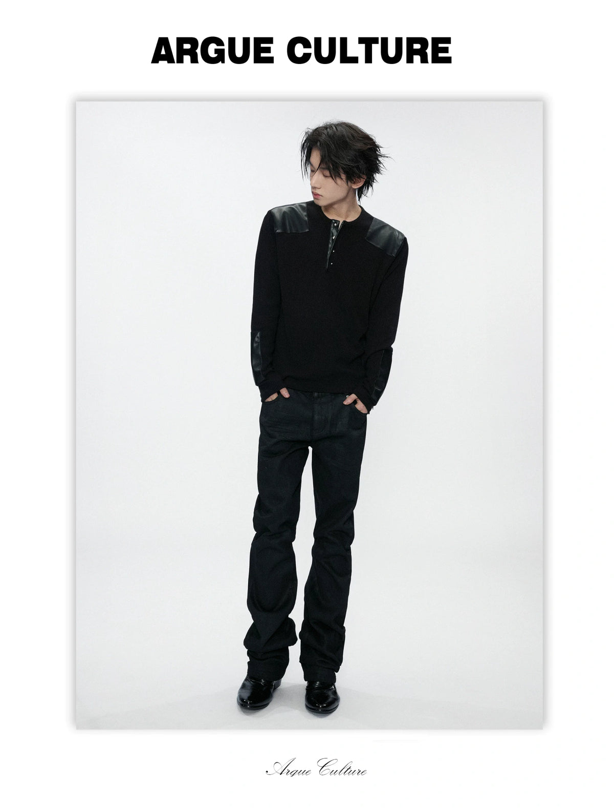 Ribbed Henley Long Sleeve Top with Leather Patches - detail image 6