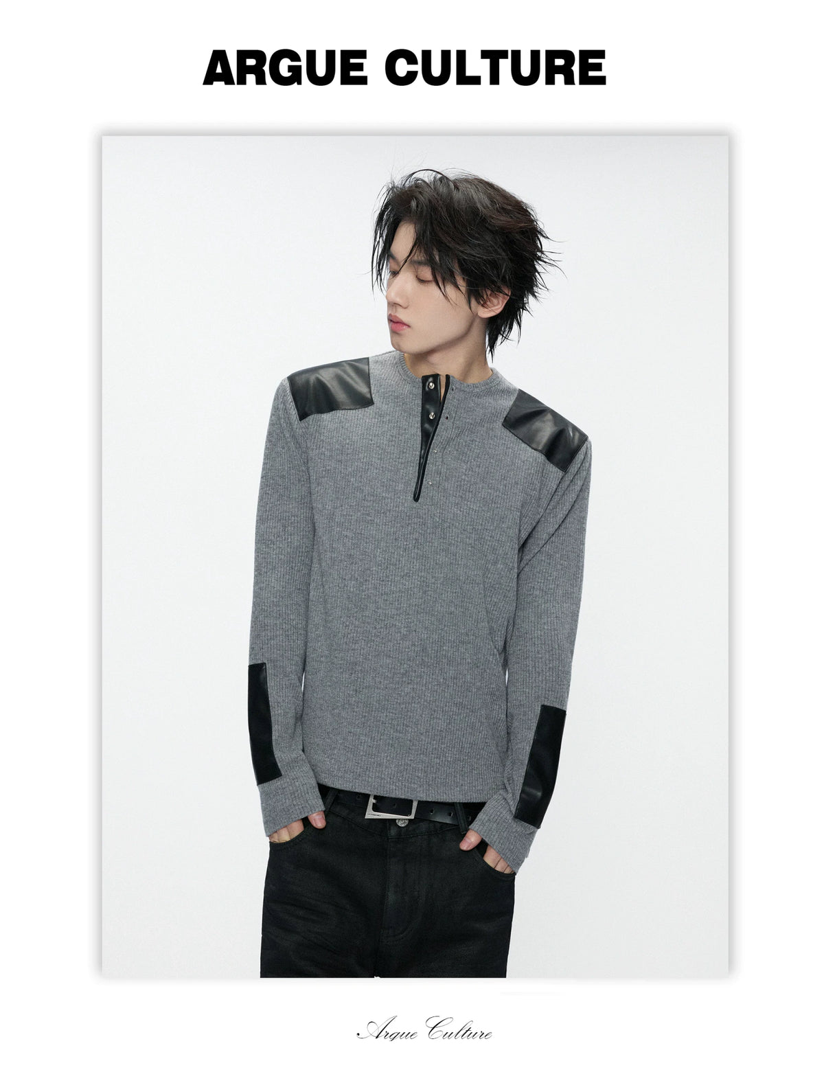 Ribbed Henley Long Sleeve Top with Leather Patches - detail image 2