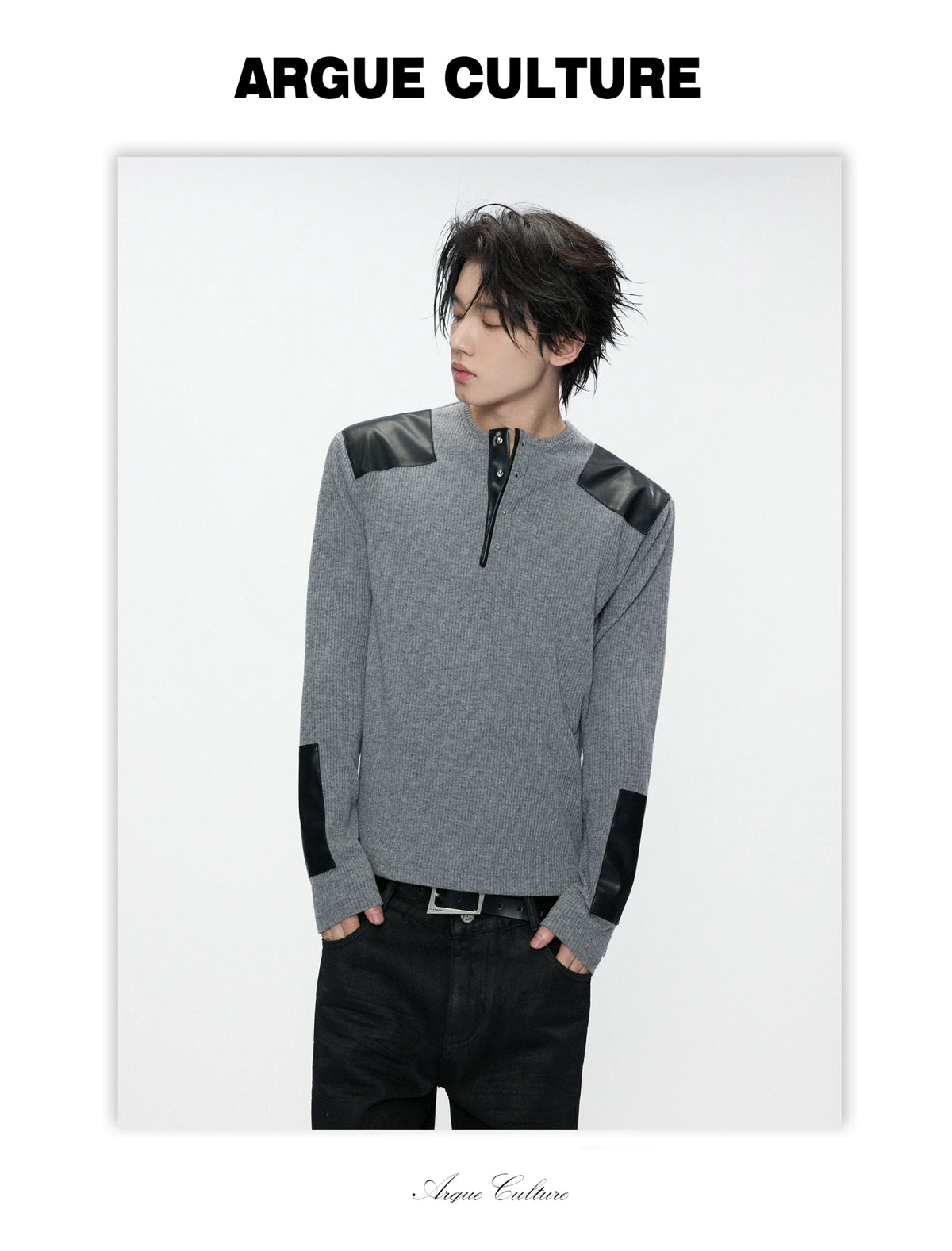 Ribbed Henley Long Sleeve Top with Leather Patches - detail image 9