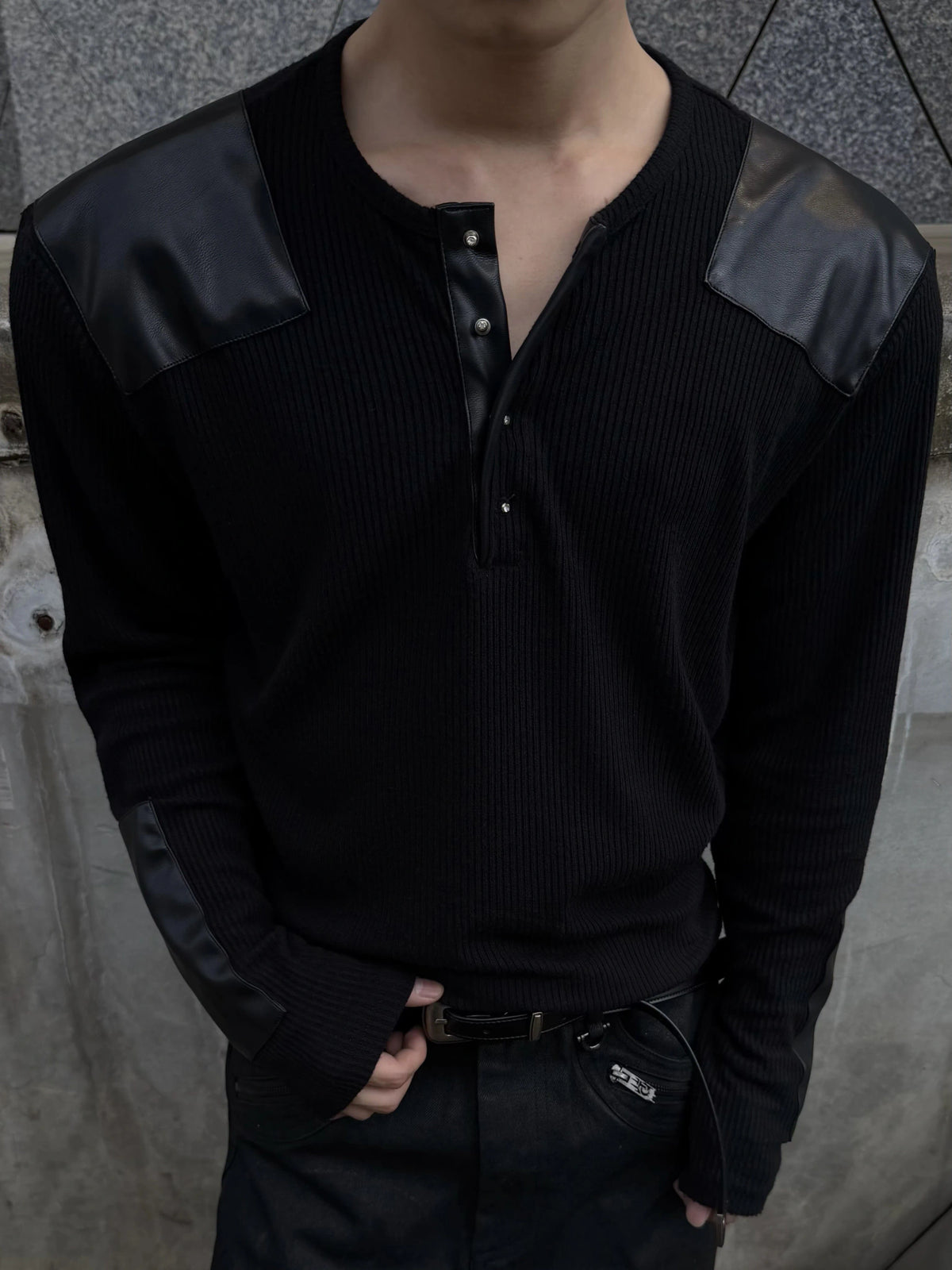 Ribbed Henley Long Sleeve Top with Leather Patches - main image 3