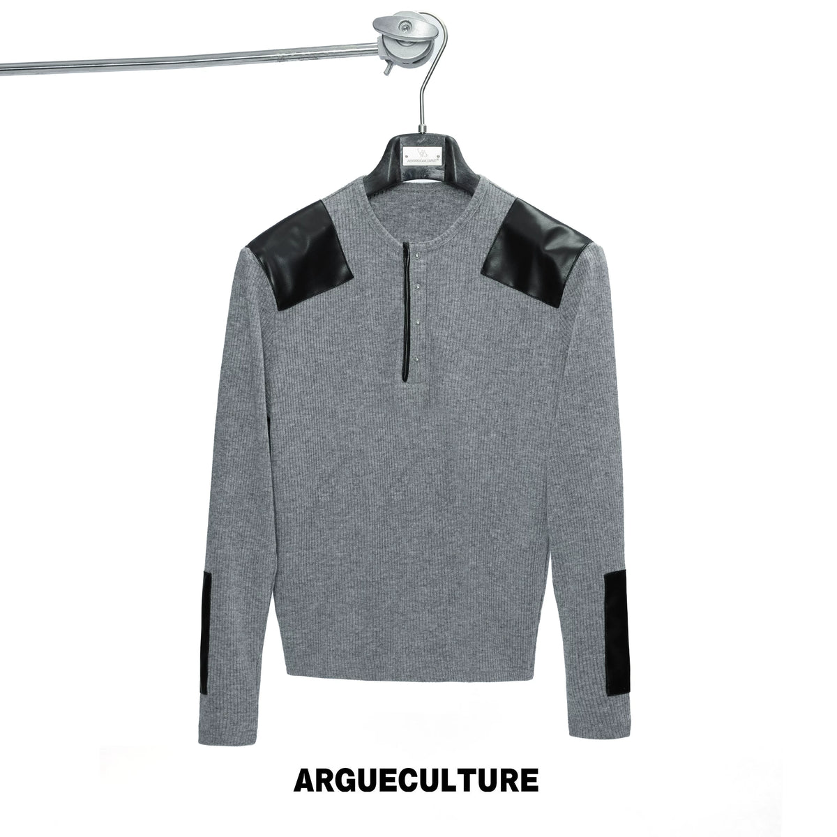 Ribbed Henley Long Sleeve Top with Leather Patches - Gray