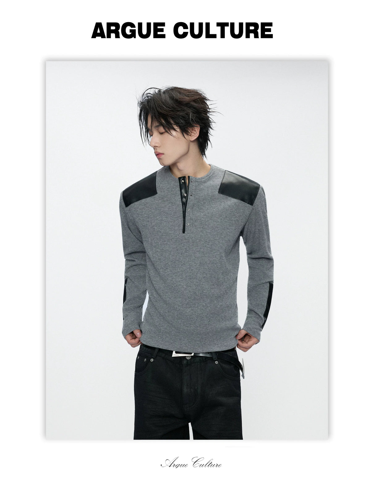 Ribbed Henley Long Sleeve Top with Leather Patches - detail image 10