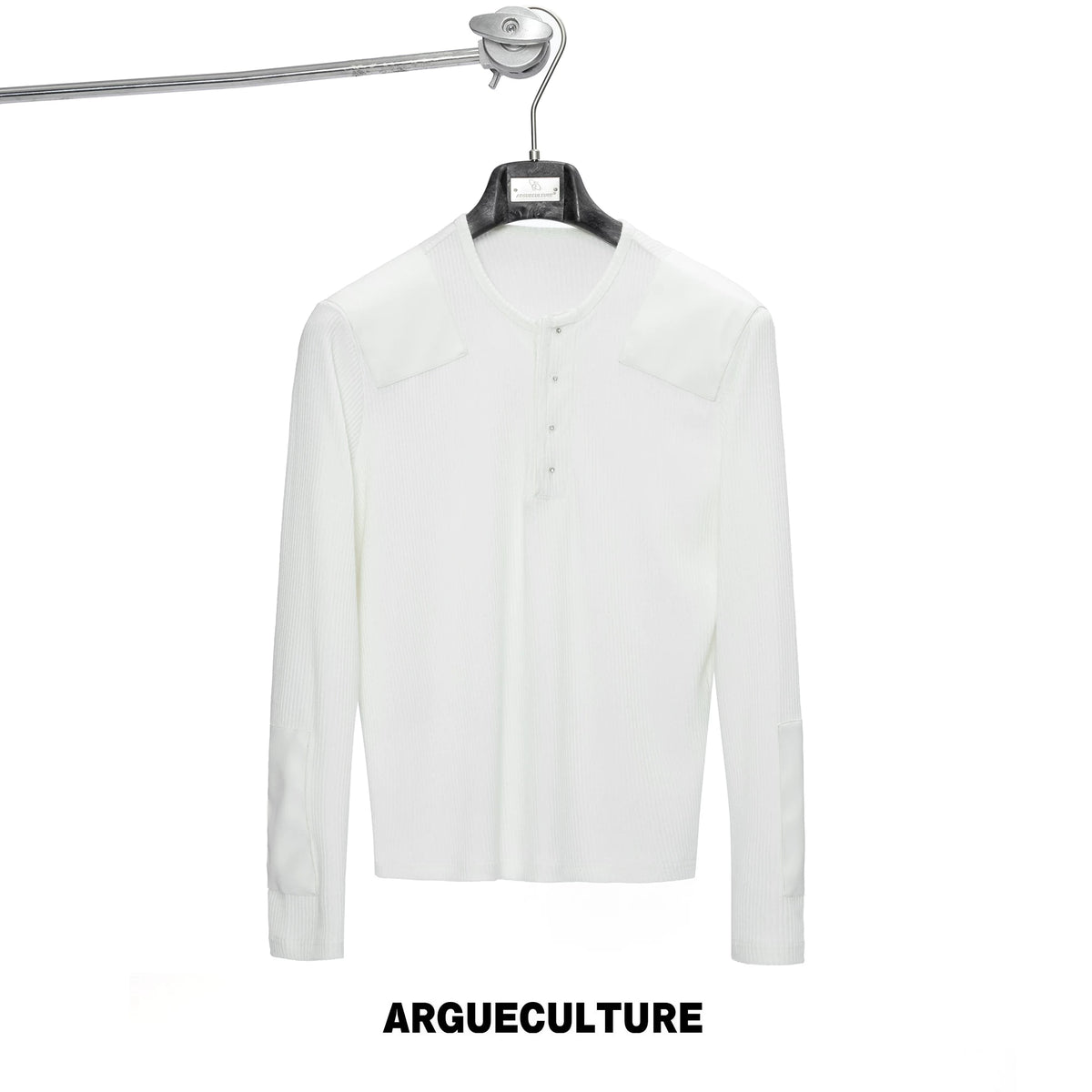 Ribbed Henley Long Sleeve Top with Leather Patches - White