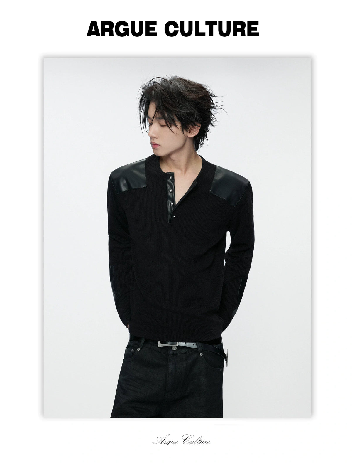 Ribbed Henley Long Sleeve Top with Leather Patches - detail image 3