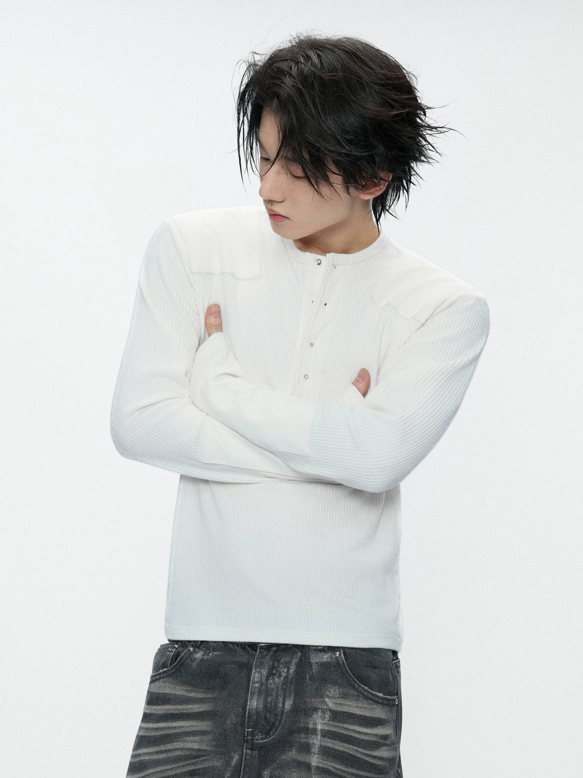 Ribbed Henley Long Sleeve Top with Leather Patches - main image 5