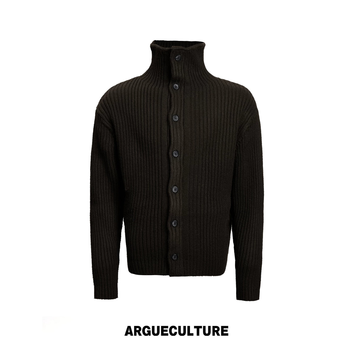 Ribbed Knit Cardigan with Stand Collar and Short Fit - Brown