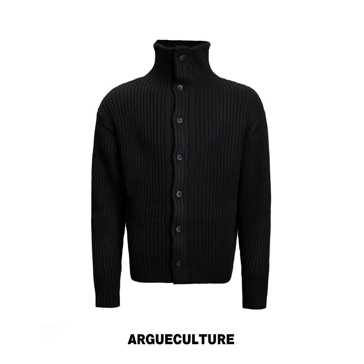 Ribbed Knit Cardigan with Stand Collar and Short Fit - Black