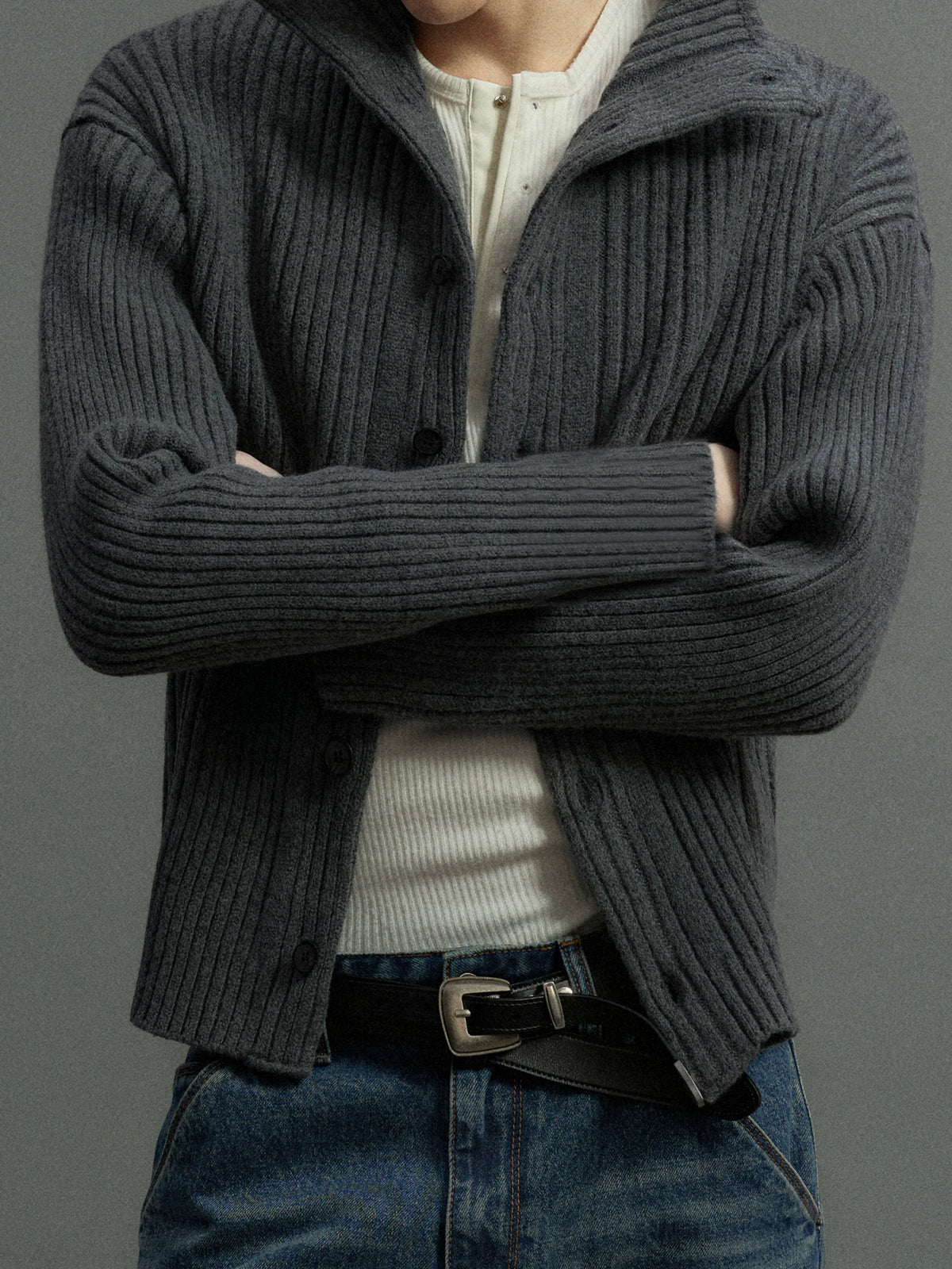Ribbed Knit Cardigan with Stand Collar and Short Fit - main image 3