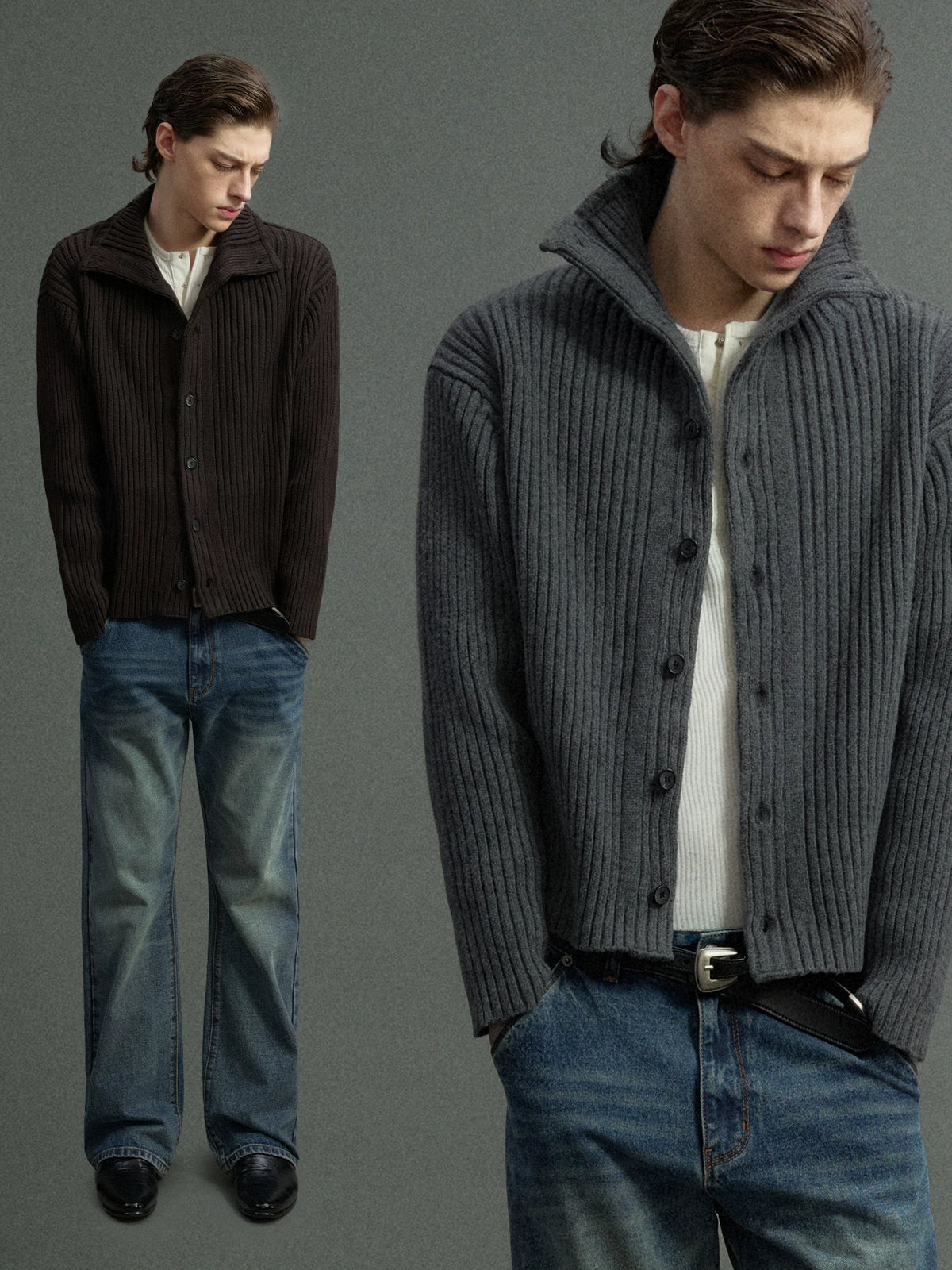 Ribbed Knit Cardigan with Stand Collar and Short Fit - main image 1