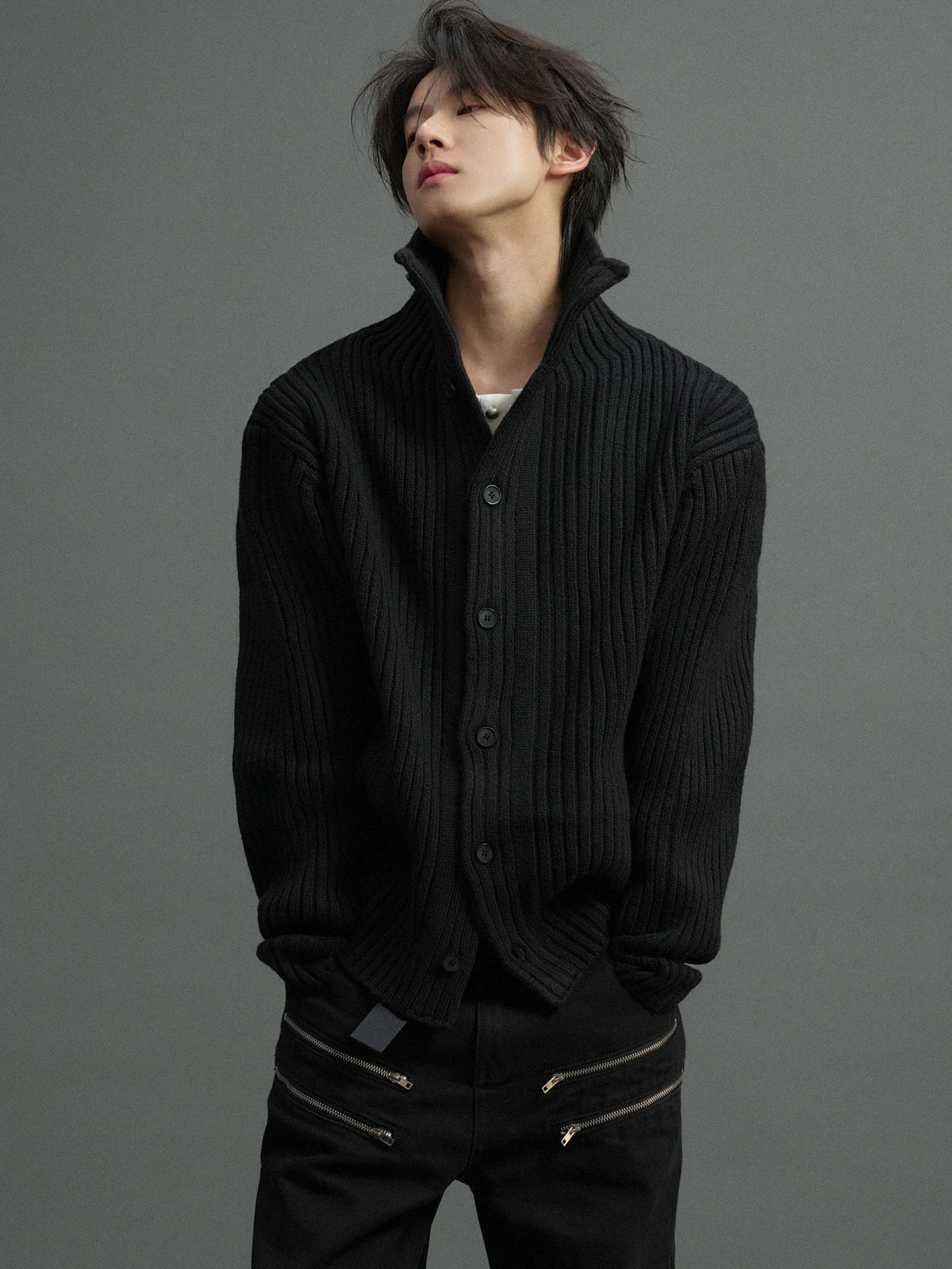 Ribbed Knit Cardigan with Stand Collar and Short Fit - main image 2