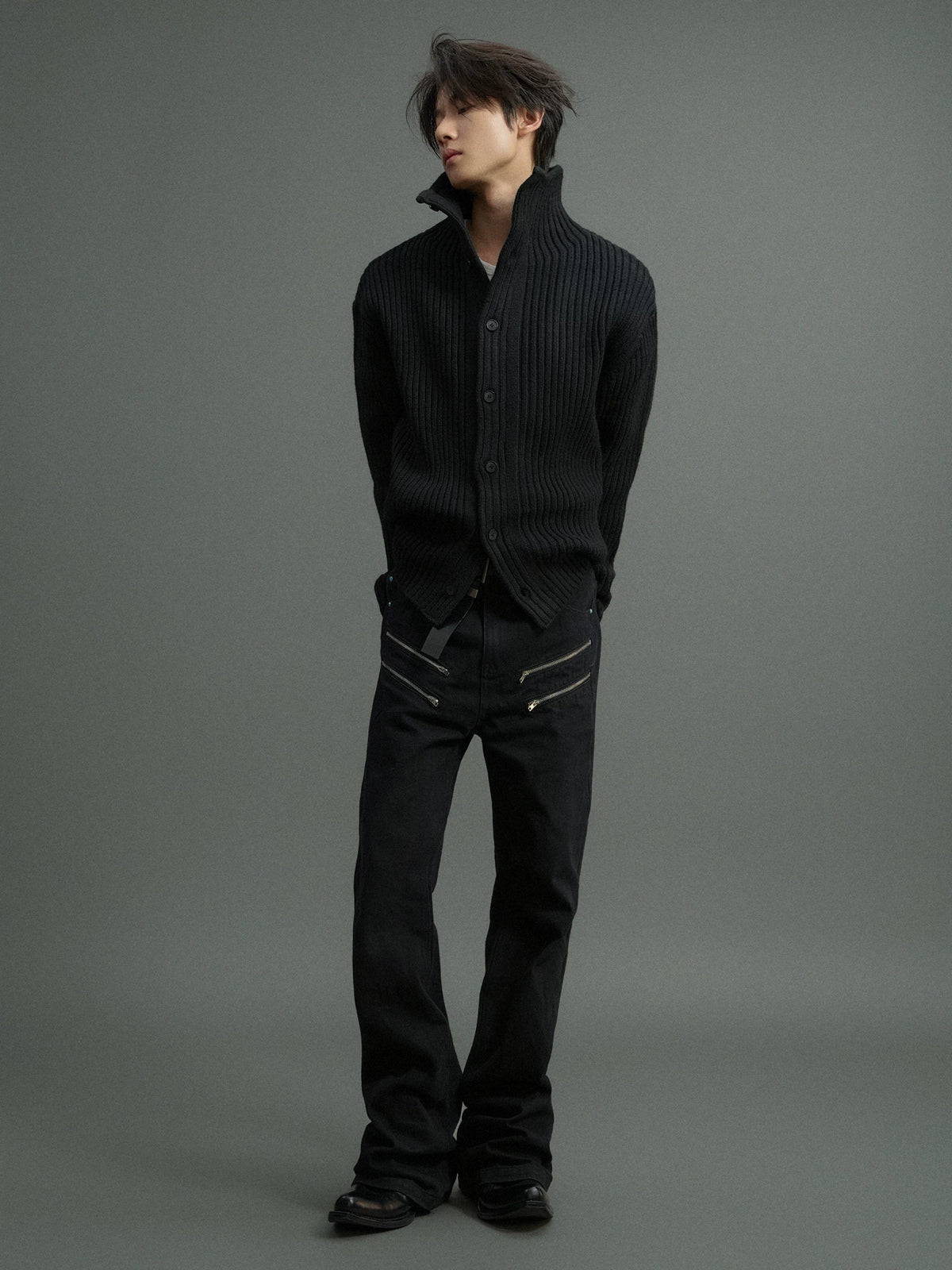 Ribbed Knit Cardigan with Stand Collar and Short Fit - main image 4