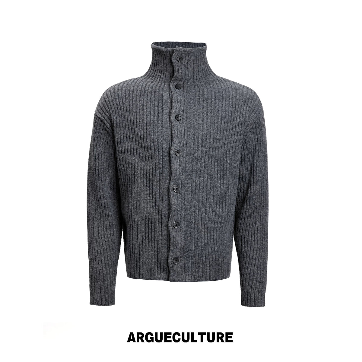 Ribbed Knit Cardigan with Stand Collar and Short Fit - Gray
