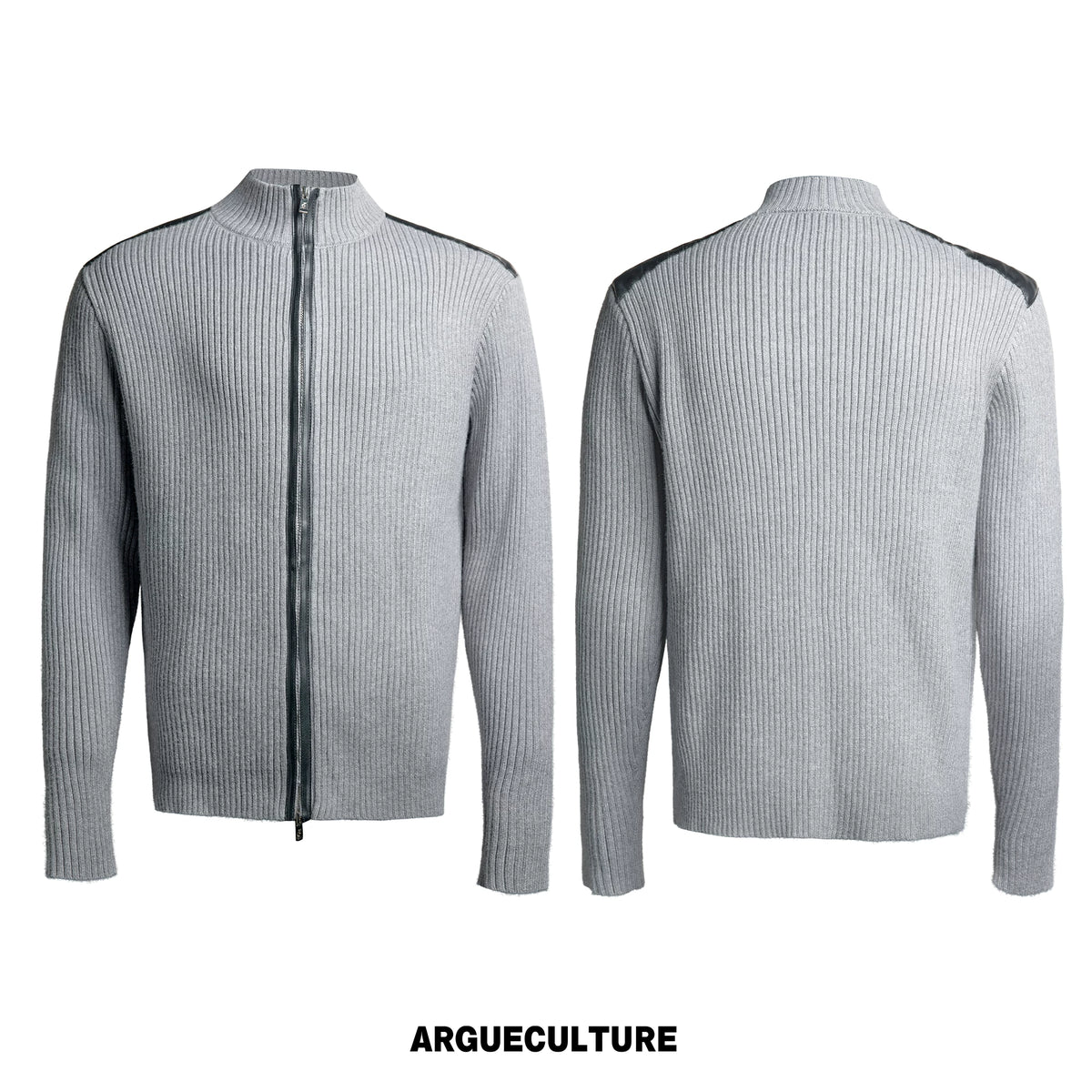 Ribbed Mock-Neck Knit Cardigan With Leather Shoulders - Gray