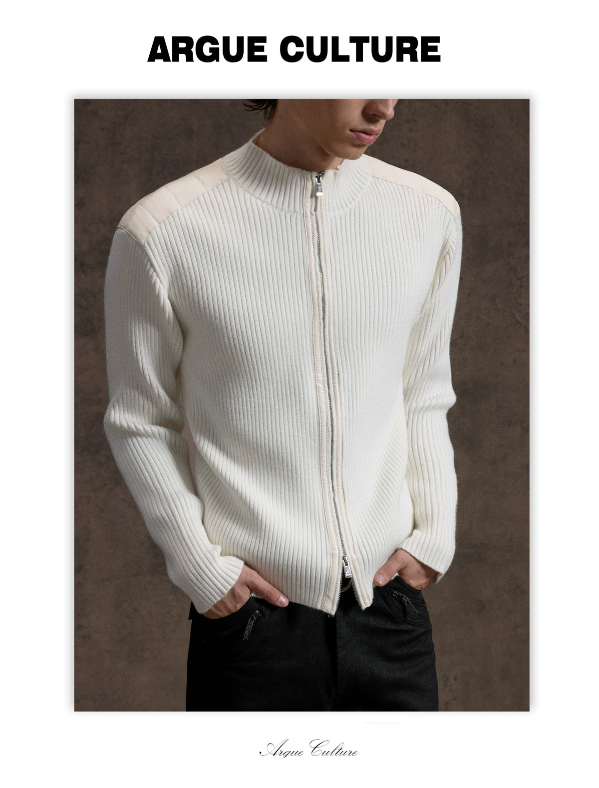 Ribbed Mock-Neck Knit Cardigan With Leather Shoulders - detail image 15