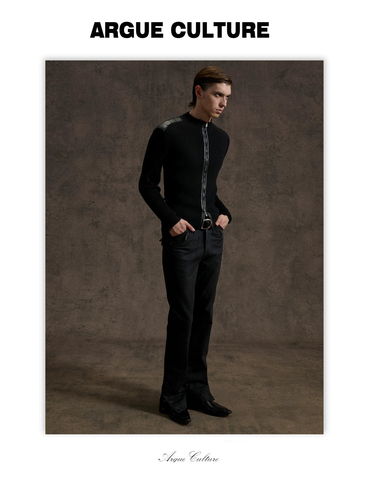 Ribbed Mock-Neck Knit Cardigan With Leather Shoulders - detail image 12