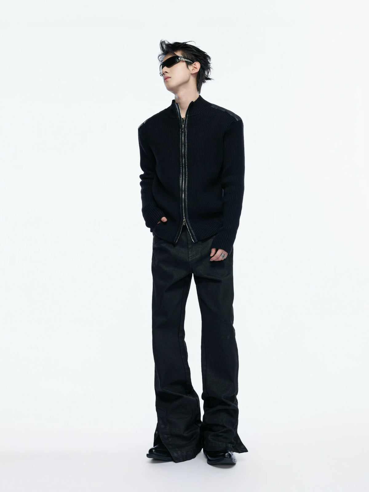 Ribbed Mock-Neck Knit Cardigan With Leather Shoulders - main image 4