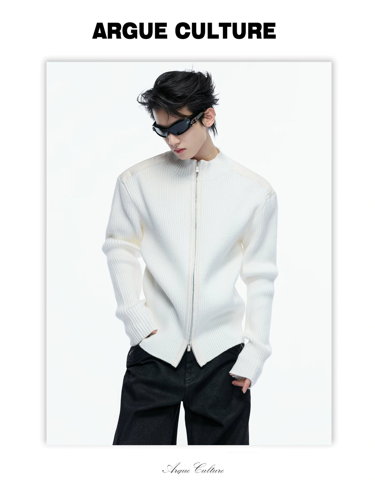 Ribbed Mock-Neck Knit Cardigan With Leather Shoulders - detail image 24