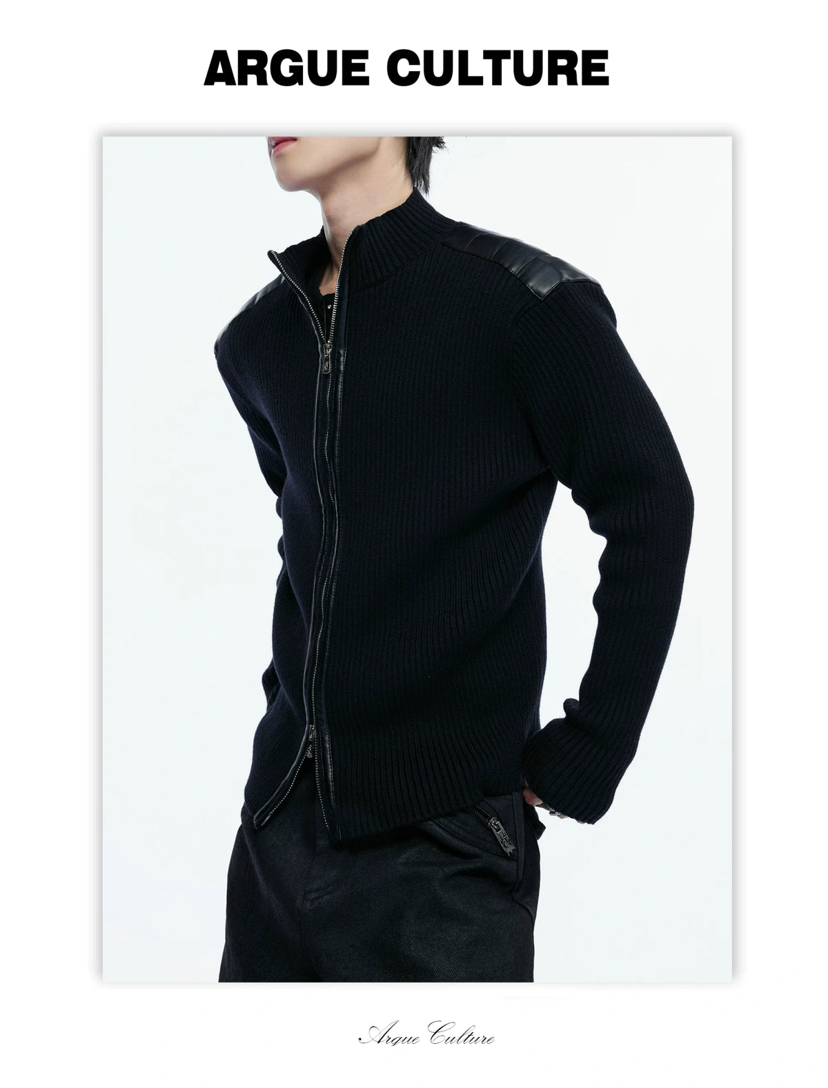 Ribbed Mock-Neck Knit Cardigan With Leather Shoulders - detail image 19