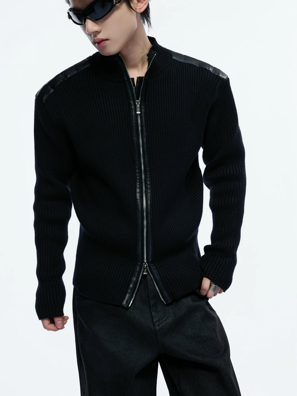 Ribbed Mock-Neck Knit Cardigan With Leather Shoulders - main image 5