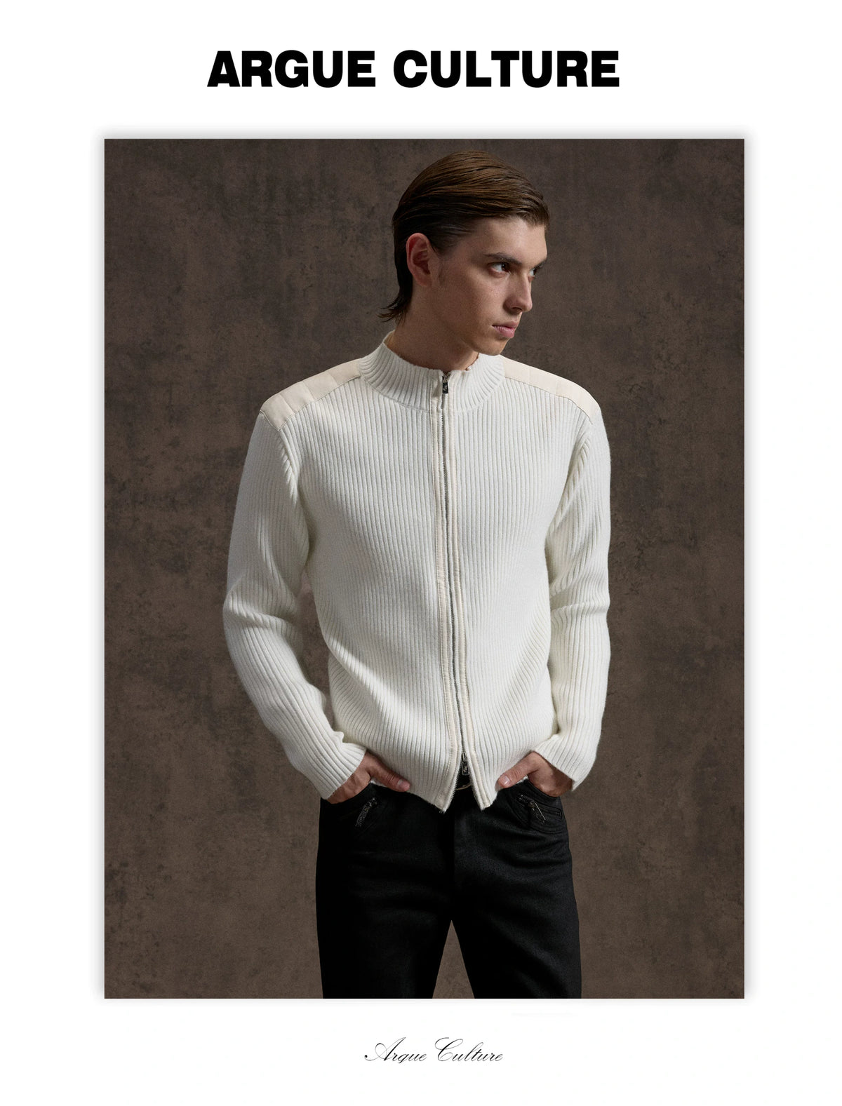 Ribbed Mock-Neck Knit Cardigan With Leather Shoulders - detail image 14