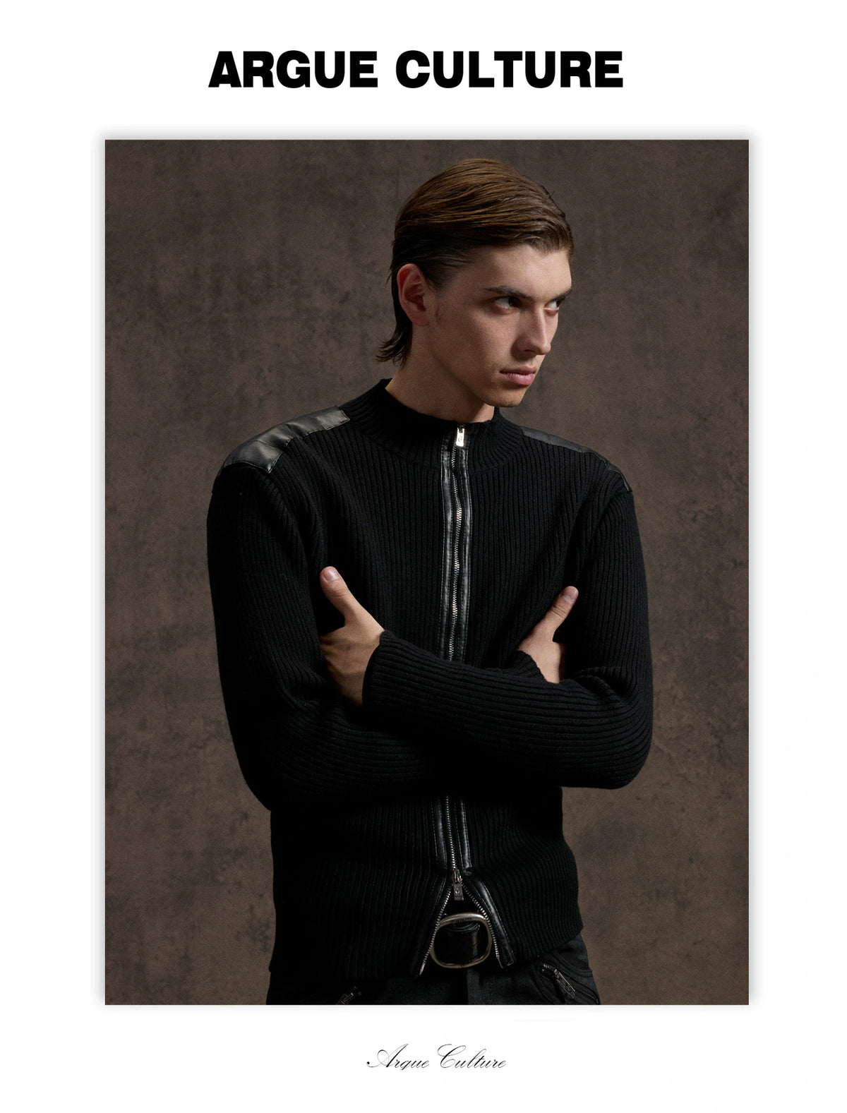 Ribbed Mock-Neck Knit Cardigan With Leather Shoulders - detail image 9