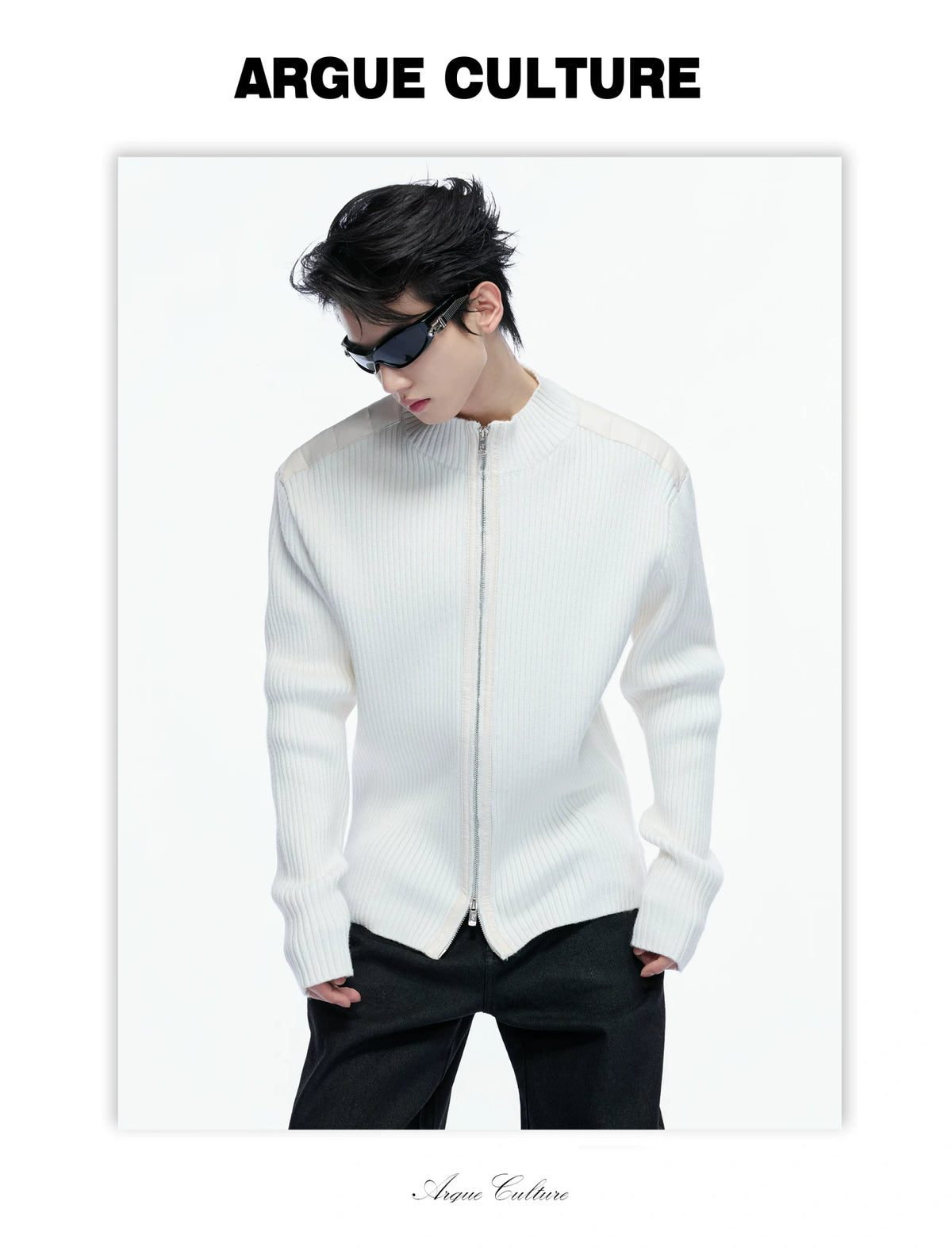 Ribbed Mock-Neck Knit Cardigan With Leather Shoulders - detail image 3
