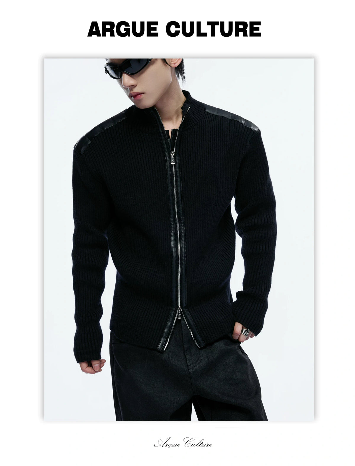 Ribbed Mock-Neck Knit Cardigan With Leather Shoulders - detail image 20