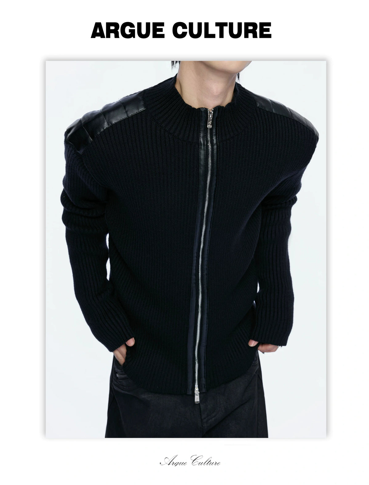 Ribbed Mock-Neck Knit Cardigan With Leather Shoulders - detail image 13