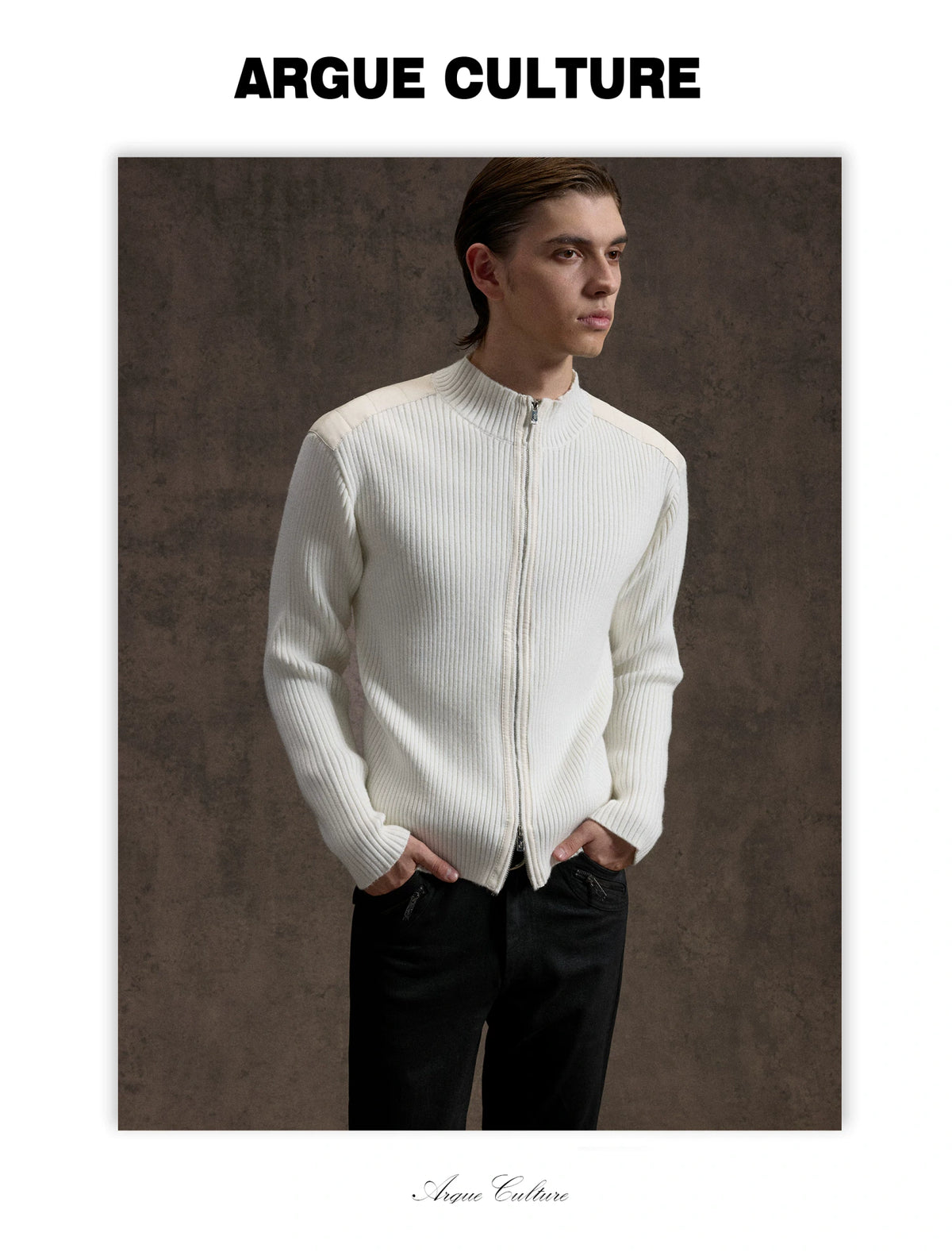 Ribbed Mock-Neck Knit Cardigan With Leather Shoulders - detail image 16