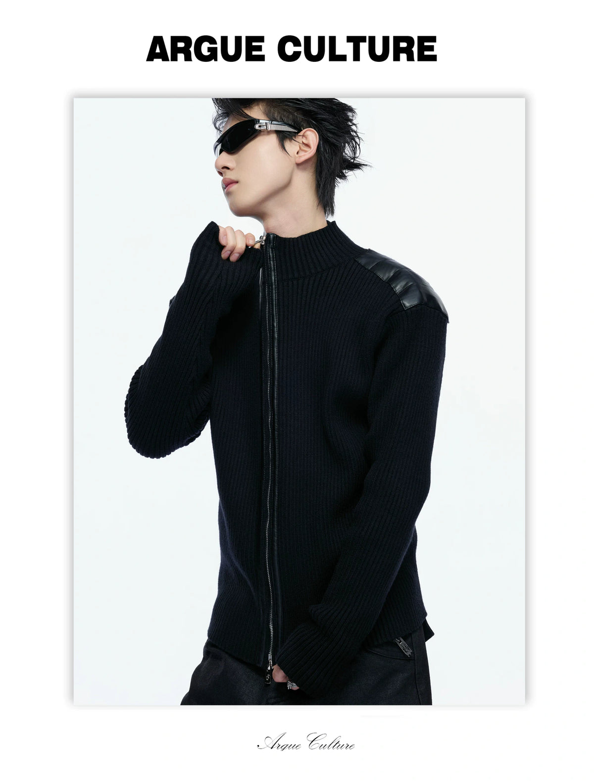 Ribbed Mock-Neck Knit Cardigan With Leather Shoulders - detail image 2
