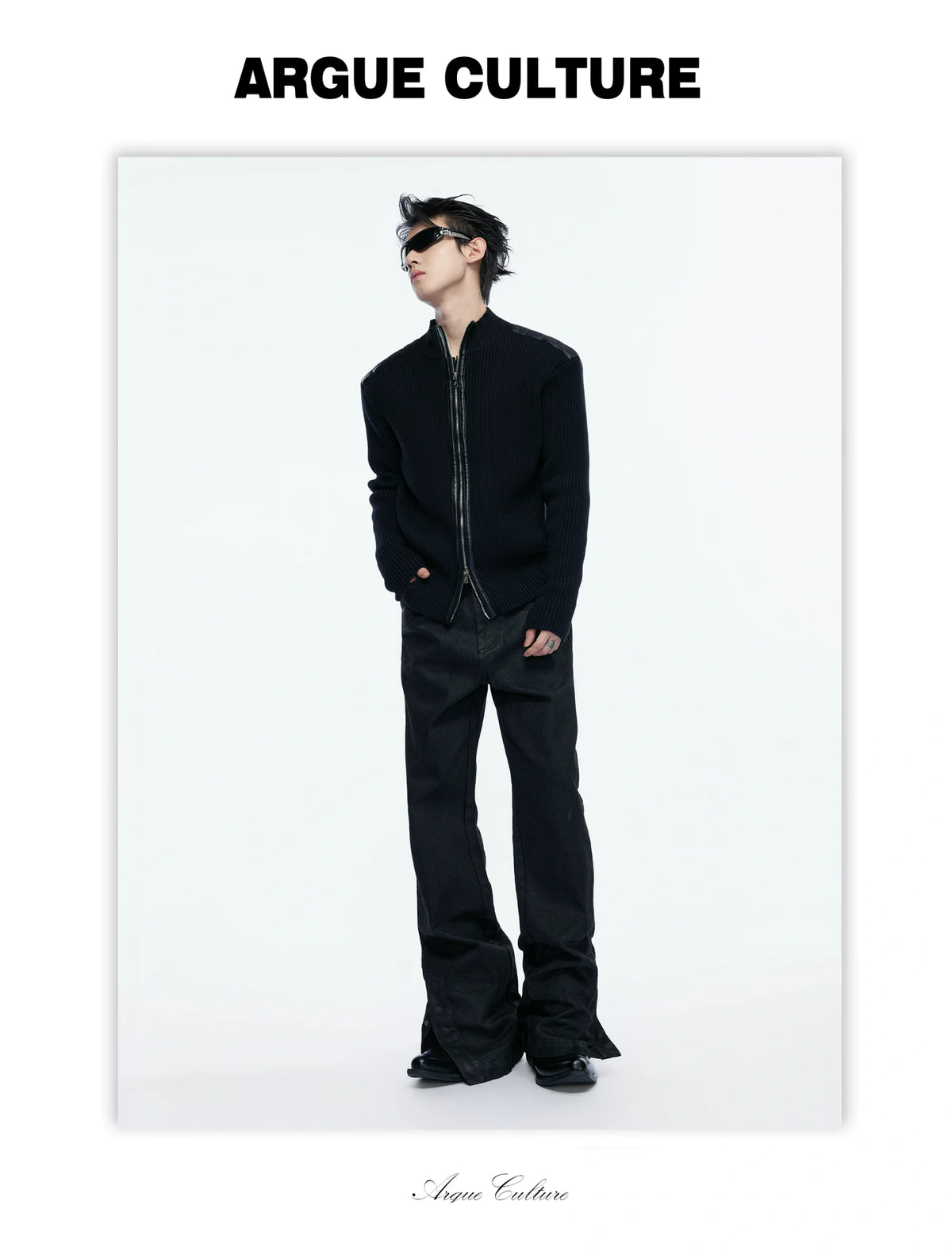 Ribbed Mock-Neck Knit Cardigan With Leather Shoulders - detail image 23